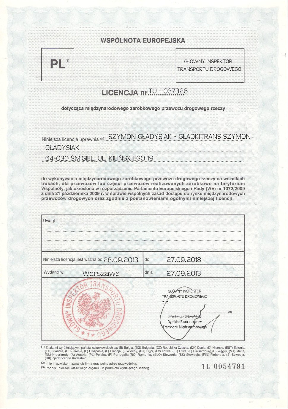 Licencja dotycząca międzynarodowego zarobkowego przewozu drogowego rzeczy